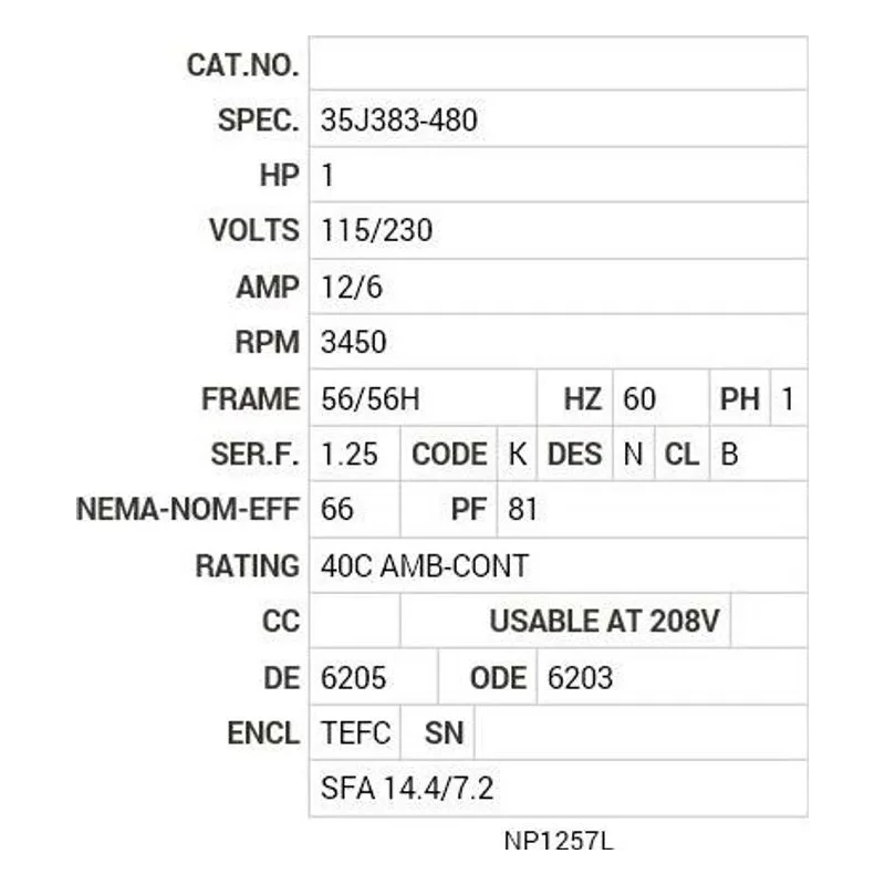L3509M Baldor 1 HP, 3450 RPM, 1 PH, 60 HZ, 56/56H, 3524L, TEFC Motor Nameplate - view 2