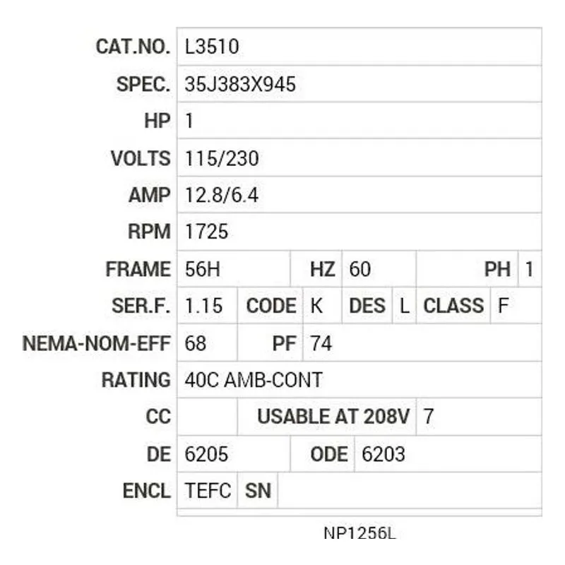 L3510 Baldor 1 HP, 1725 RPM, 1 PH, 60 HZ, 56H, 3524L, TEFC, F1, N Motor Nameplate - view 2