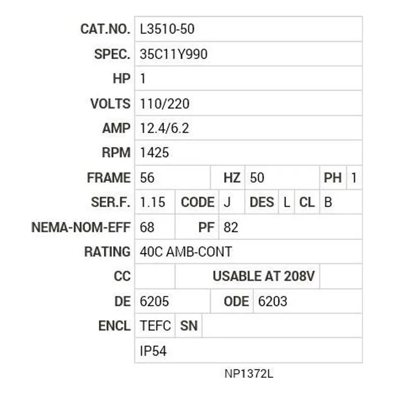 L3510-50 Baldor 1 HP, 1425 RPM, 1 PH, 50 HZ, 56, 3532L, TEFC, F1 Motor Nameplate - view 2