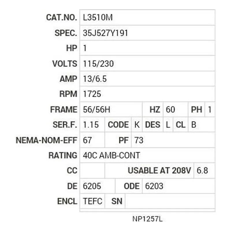 L3510M Baldor 1 HP, 1725 RPM, 1 PH, 60 HZ, 56/56H, 3524L, TEFC Motor Nameplate - view 2