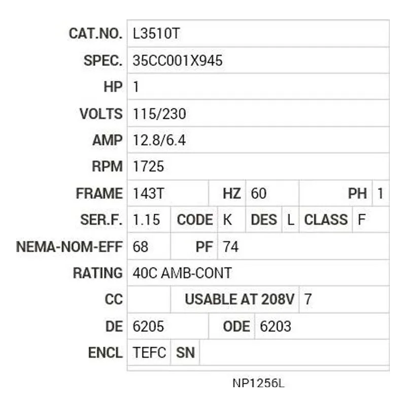 L3510T Baldor 1 HP, 1725 RPM, 1 PH, 60 HZ, 143T, 3524L, TEFC, F1 Motor Nameplate - view 2