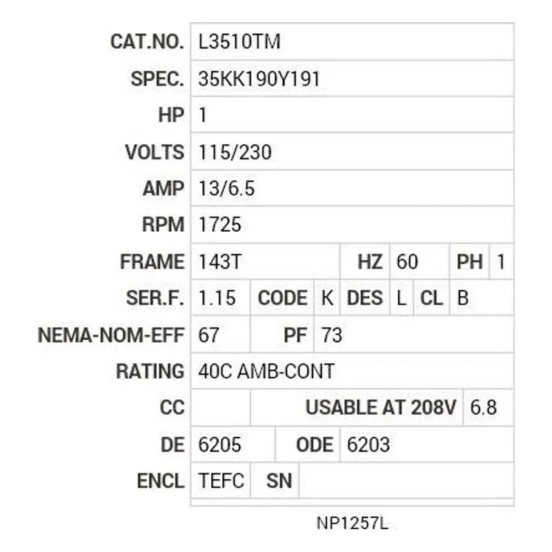 L3510TM Baldor 1 HP, 1725 RPM, 1 PH, 60 HZ, 143T, 3524L, TEFC, F1 Motor Nameplate - view 2