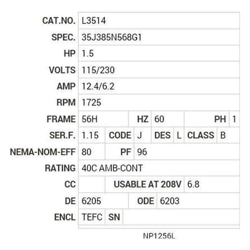 L3514 Baldor 1.5HP1725 RPM, 1 PH, 60 HZ, 56H, 3532LC, TEFC, F1 Motor Nameplate - view 2