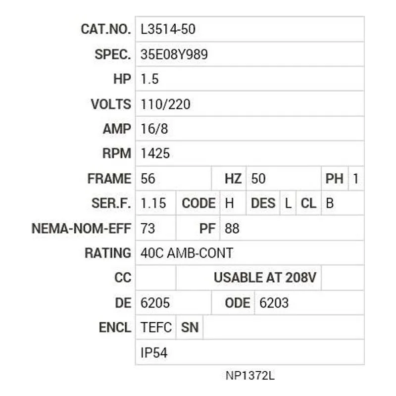 L3514-50 Baldor 1.5 HP, 1425 RPM, 1 PH, 50 HZ, 56, 3535LC, TEFC, F1 Motor Nameplate - view 2