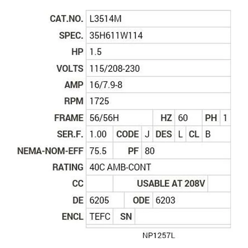 L3514M Baldor 1.5 HP, 1725 RPM, 1 PH, 60 HZ, 56/56H, 3532LC Motor Nameplate - view 2