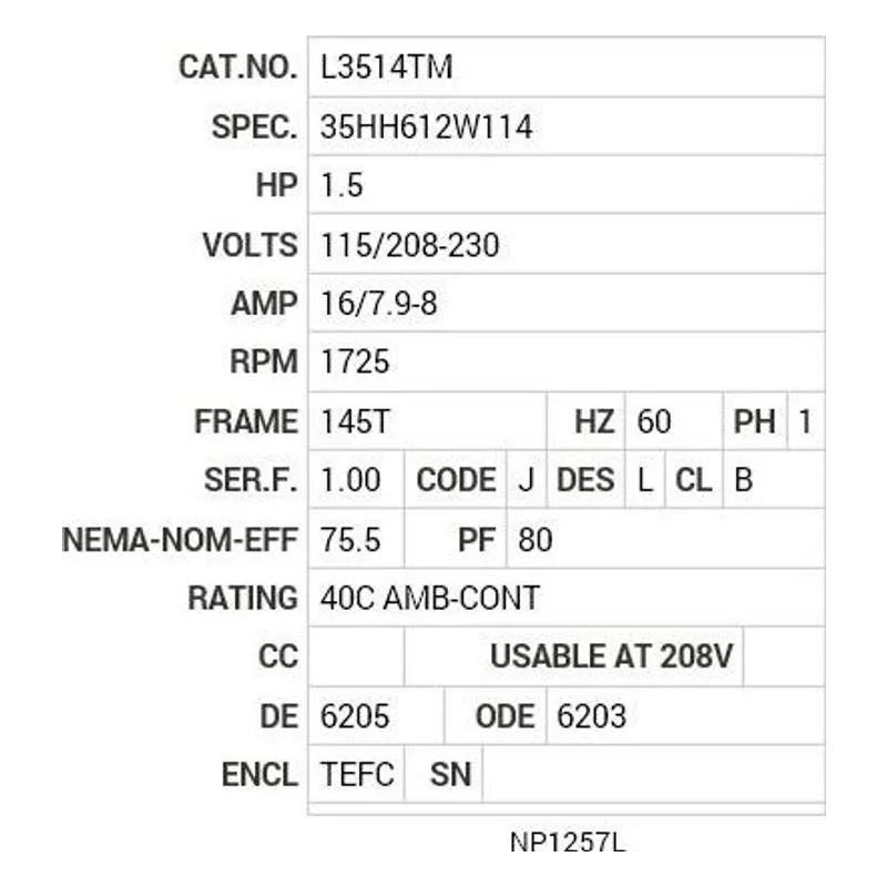 L3514TM Baldor 1.5 HP, 1725 RPM, 1 PH, 60 HZ, 145T, 3532LC, TEFC Motor Nameplate - view 2