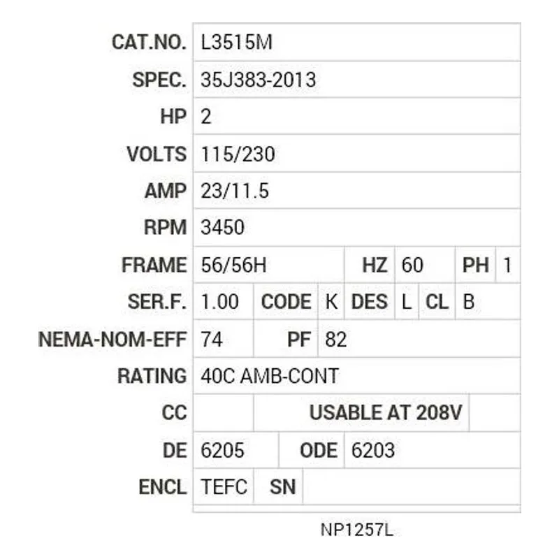 L3515M Baldor 2 HP, 3450 RPM, 1 PH, 60 HZ, 56/56H, 3535L, TEFC Motor Nameplate - view 2