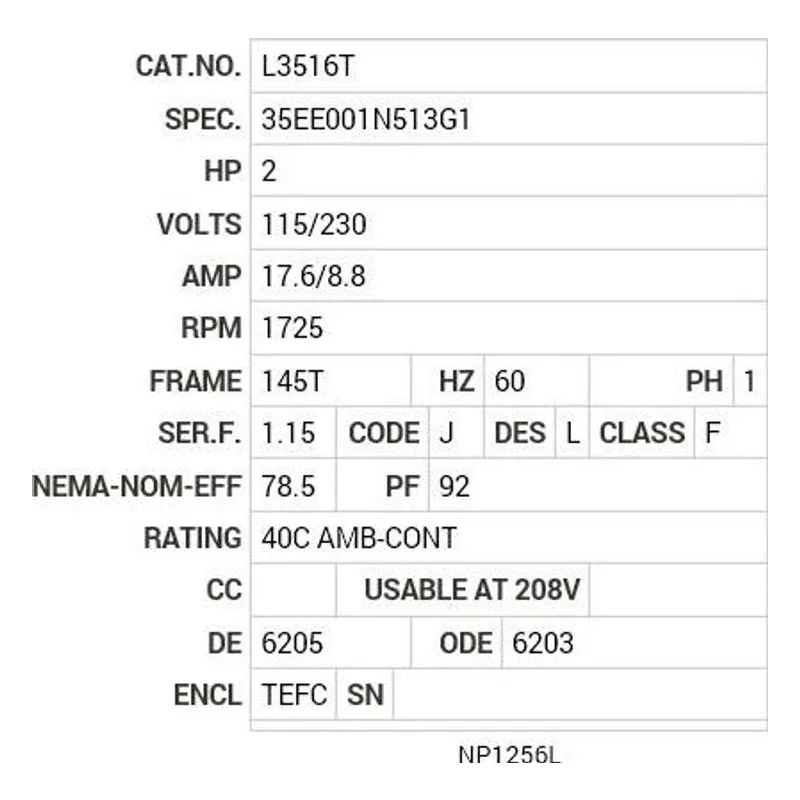 L3516T Baldor 2 HP, 1725 RPM, 1 PH, 60 HZ, 145T, 3535LC, TEFC, F1 Motor Nameplate - view 2