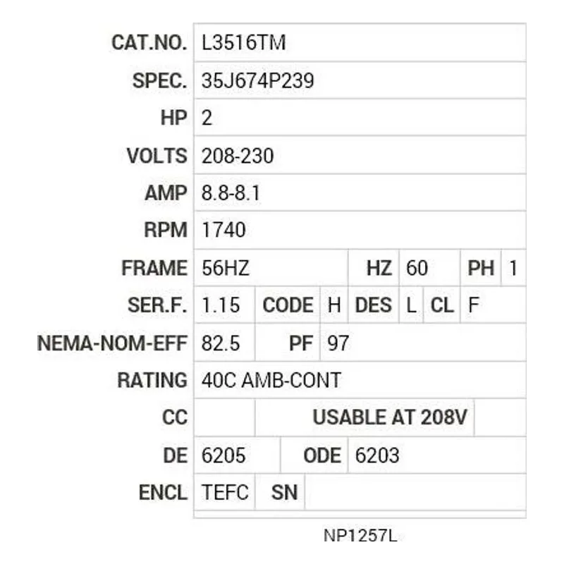 L3516TM Baldor 2 HP, 1730 RPM, 1 PH, 60 HZ, 56 HZ, 3528LC, TEFC, F1 Motor Nameplate - view 2