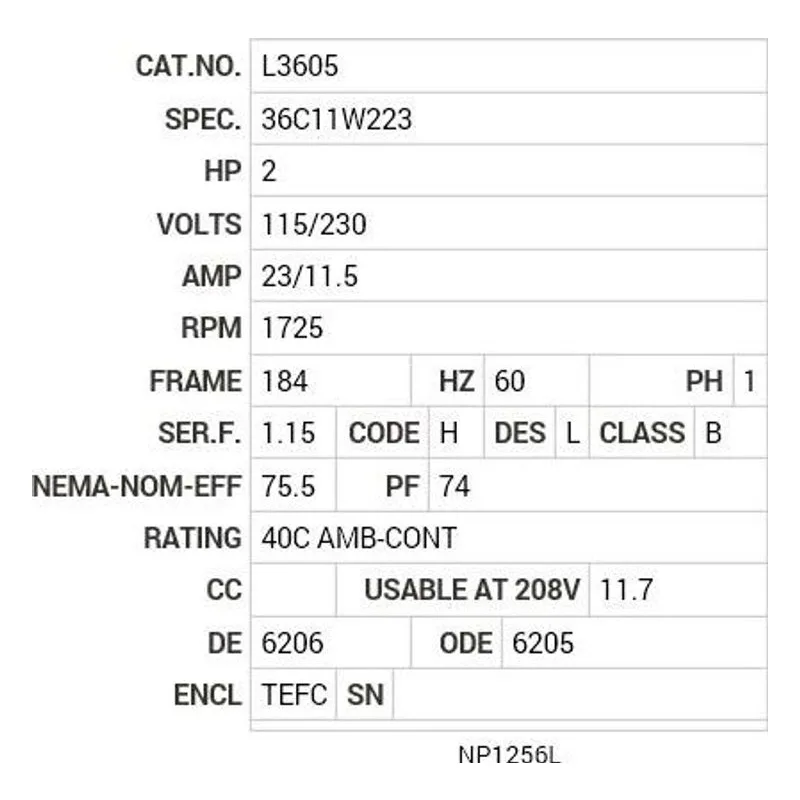 L3605 Baldor 2 HP, 1725 RPM, 1 PH, 60 HZ, 184, 3628L, TEFC, F1 Motor Nameplate - view 2