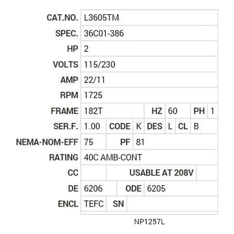 L3605TM Baldor 2 HP, 1725 RPM, 1 PH, 60 HZ, 182T, 3634L, TEFC, F1 Motor Nameplate - view 2