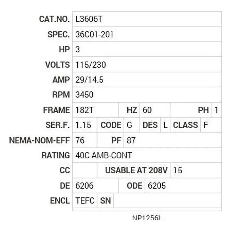 L3606T Baldor 3 HP, 3450 RPM, 1 PH, 60 HZ, 182T, 3634L, TEFC, F1 Motor Nameplate - view 2