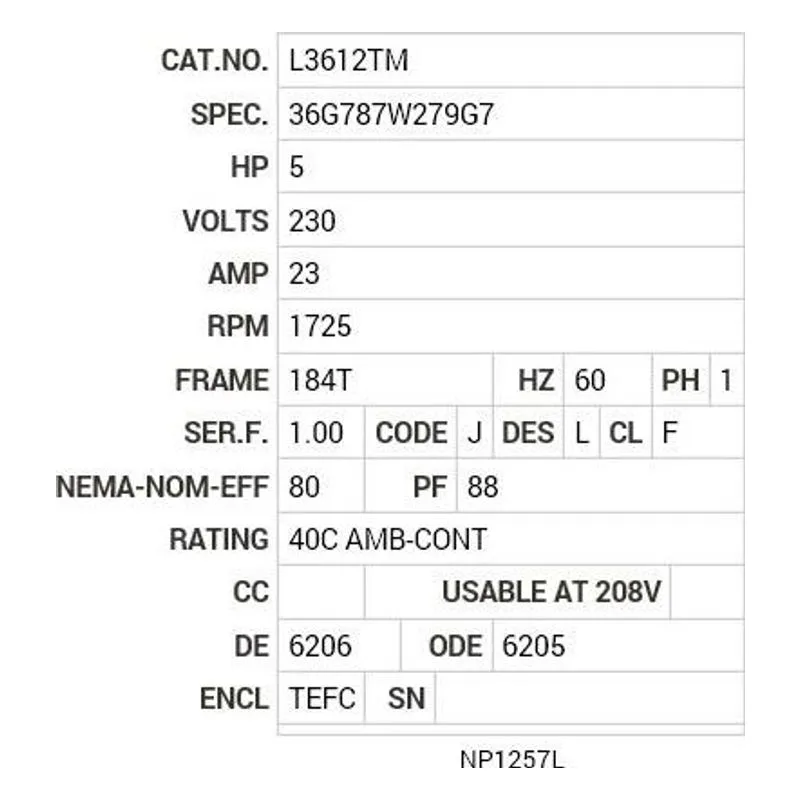 L3612TM Baldor 5 HP, 1725 RPM, 1 PH, 60 HZ, 184T, 3646LC, TEFC, F1 Motor Nameplate - view 2