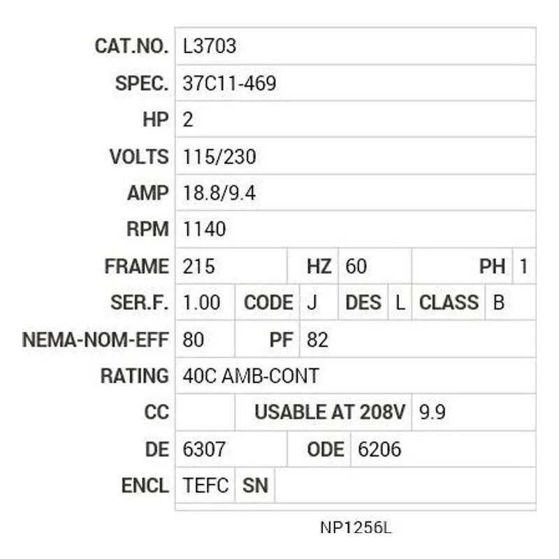 L3703 Baldor 2 HP, 1140 RPM, 1 PH, 60 HZ, 215, 3735LC, TEFC, F1 Motor Nameplate - view 2