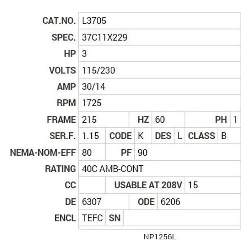 L3705 Baldor 3 HP, 1725 RPM, 1 PH, 60 HZ, 215, 3735LC, TEFC, F1 Motor Nameplate - view 2