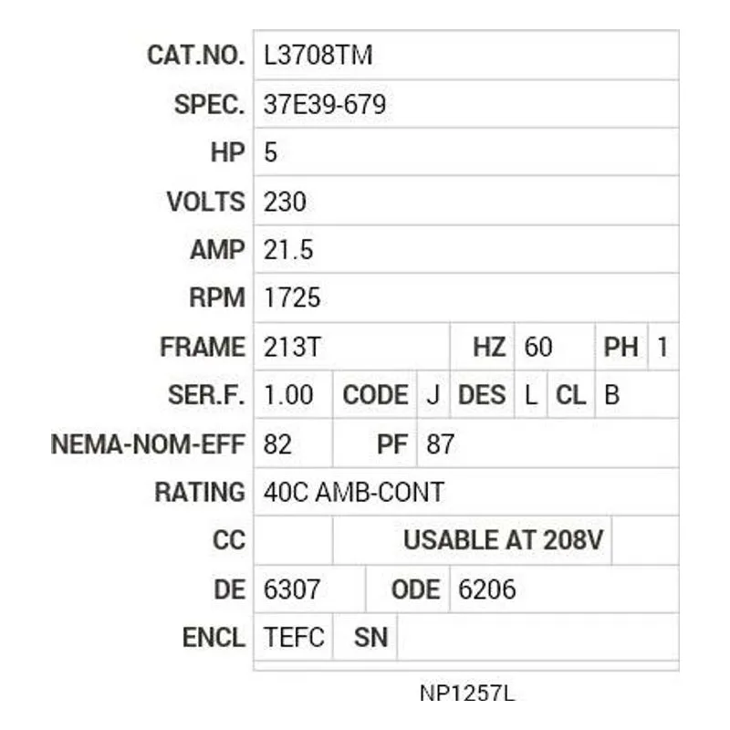 L3708TM Baldor 5 HP, 1725 RPM, 1 PH, 60 HZ, 213T, 3744LC, TEFC, F1 Motor Nameplate - view 2