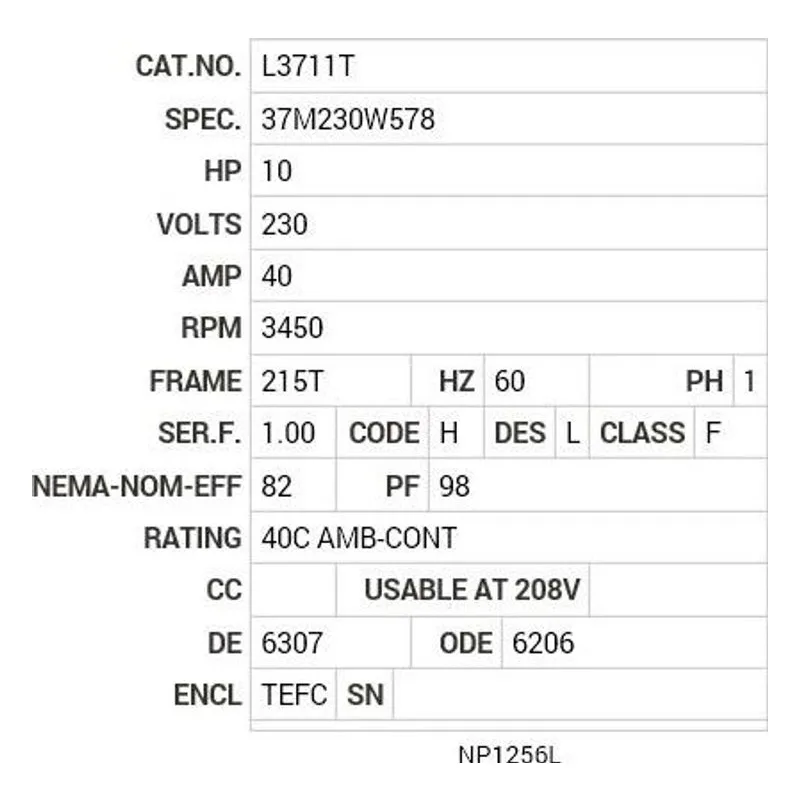 L3711T Baldor 10 HP, 3450 RPM, 1 PH, 60 HZ, 215T, 3744LC, TEFC, F Motor Nameplate - view 2