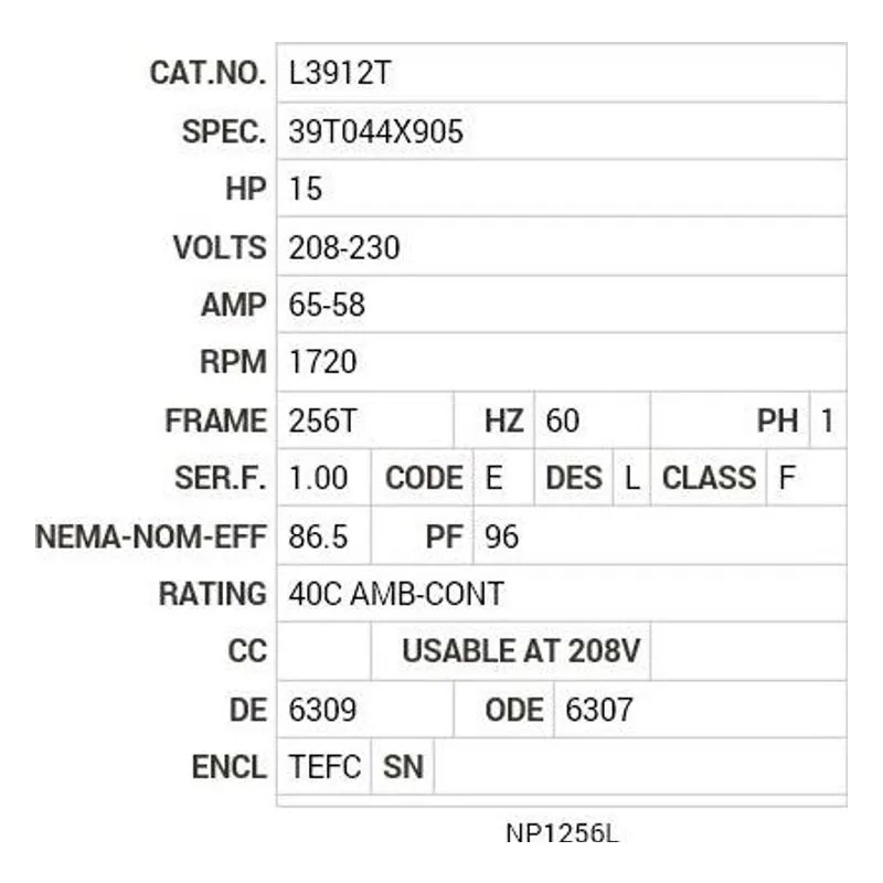 L3912T Baldor 15 HP, 1770 RPM, 1 PH, 60 HZ, 256T, 3956LC, TEFC, F Motor Nameplate - view 2