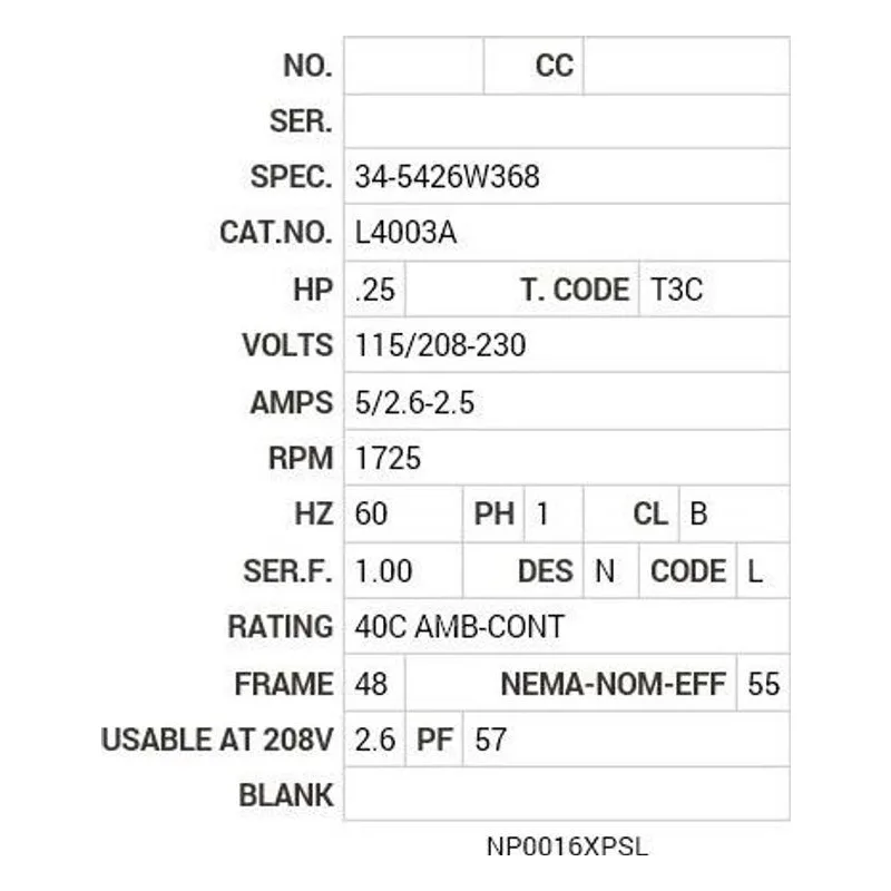 L4003A Baldor .25 HP, 1725 RPM, 1 PH, 60 HZ, 48, X3411L, XPFC, F1 Motor Nameplate - view 2