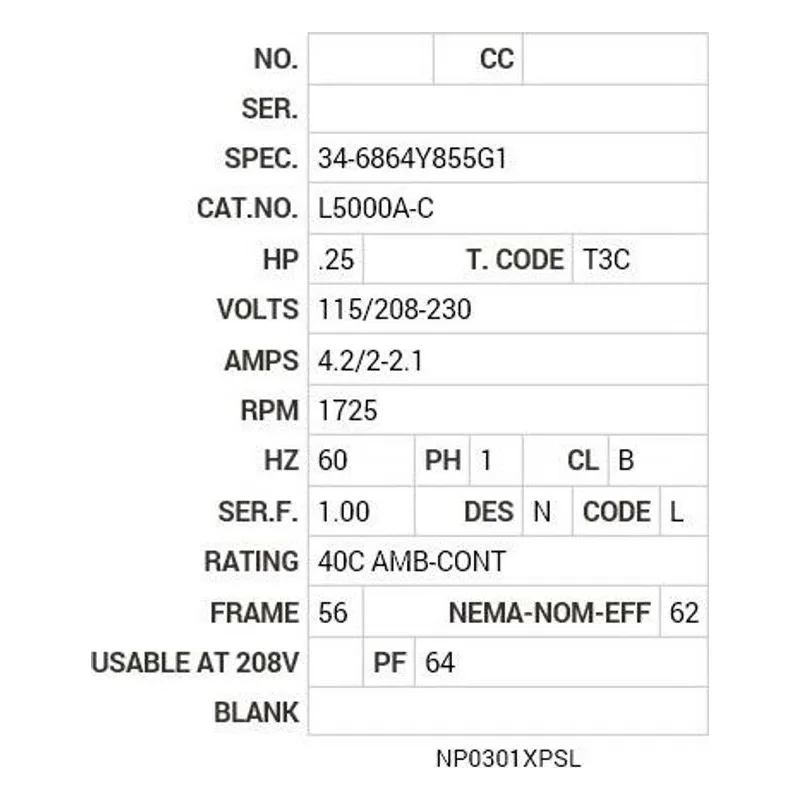 L5000A-C Baldor .25 HP, 1725 RPM, 1 PH, 60 HZ, 56, 3414L, XPFC, F1 Motor Nameplate - view 2