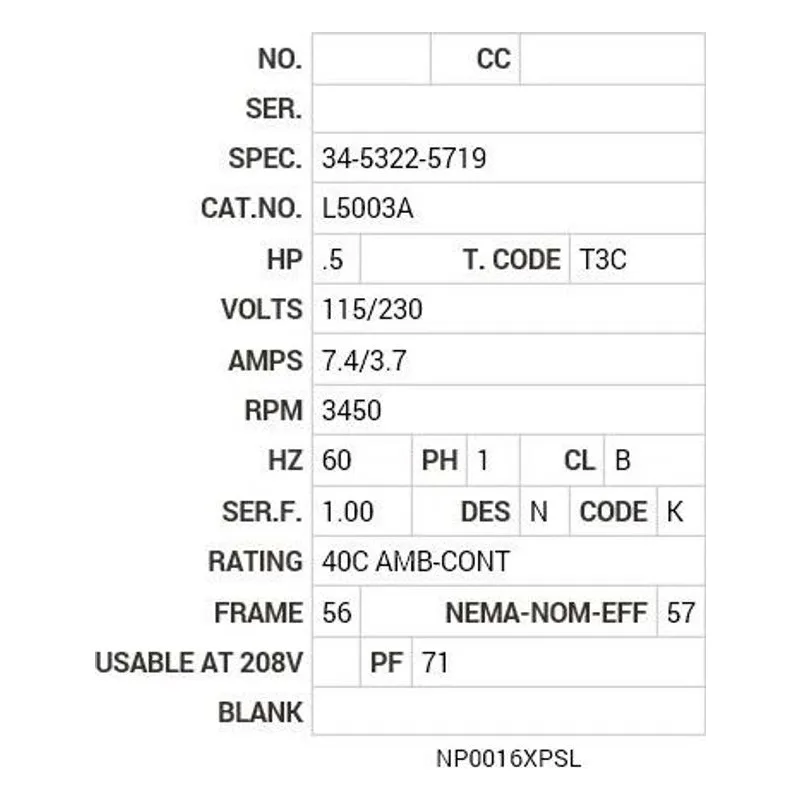 L5003A Baldor .5 HP, 3450 RPM, 1 PH, 60 HZ, 56, X3416L, XPFC, F1 Motor Nameplate - view 2