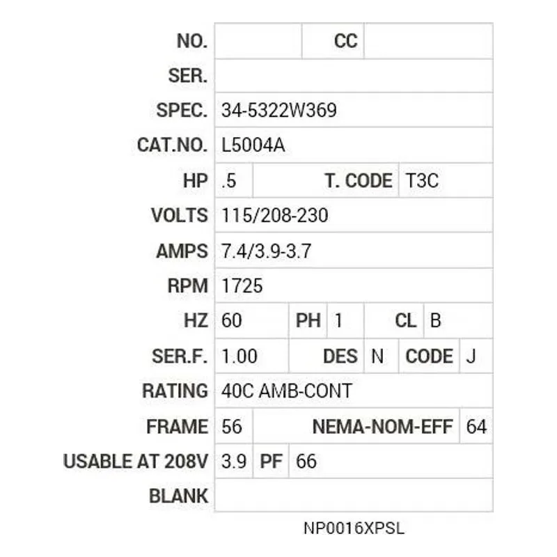 L5004A Baldor .5 HP, 1725 RPM, 1 PH, 60 HZ, 56, X3424L, XPFC, F1 Motor Nameplate - view 2