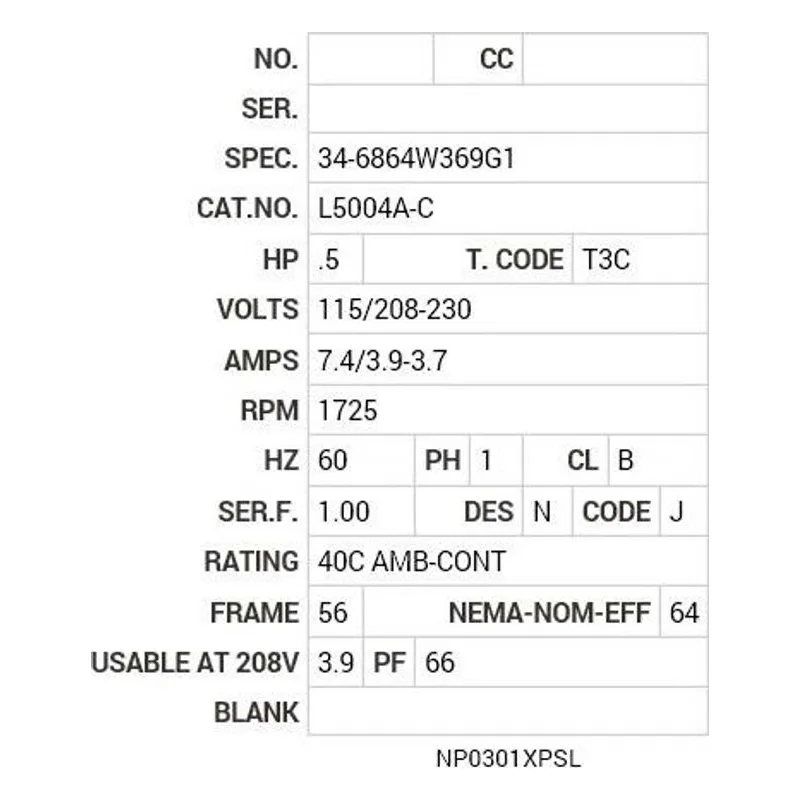 L5004A-C Baldor .5 HP, 1725 RPM, 1 PH, 60 HZ, 56, 3424L, XPFC, F1, N Motor Nameplate - view 2