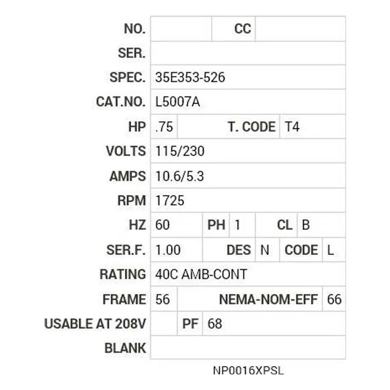 L5007A Baldor .75 HP, 1725 RPM, 1 PH, 60 HZ, 56, X3524L, XPFC, F1 Motor Nameplate - view 2
