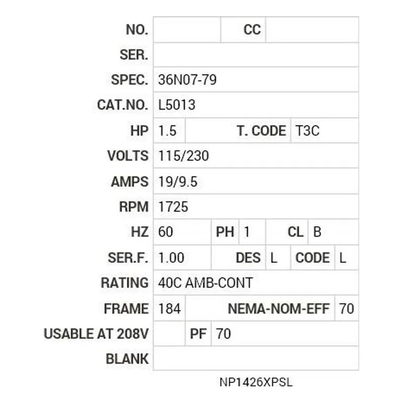 L5013 Baldor 1.5 HP, 1725 RPM, 1 PH, 60 HZ, 184, X3628L, XPFC Motor Nameplate - view 2