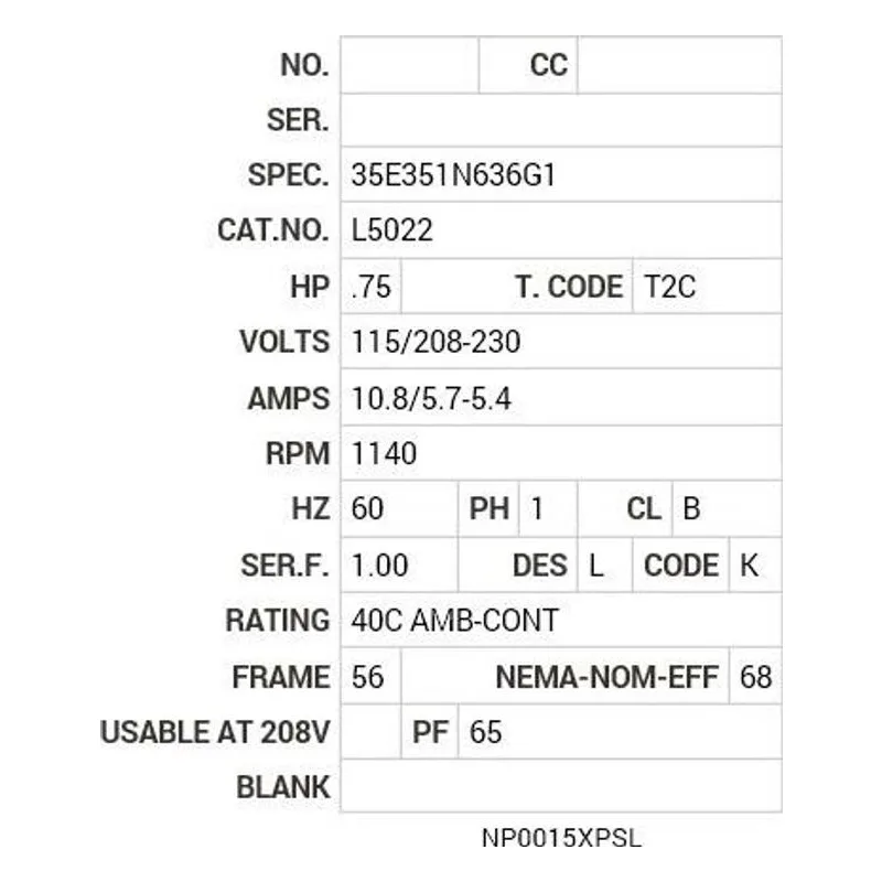 L5022 Baldor .75 HP, 1140 RPM, 1 PH, 60 HZ, 56, 3540L, XPFC, F1 Motor Nameplate - view 2