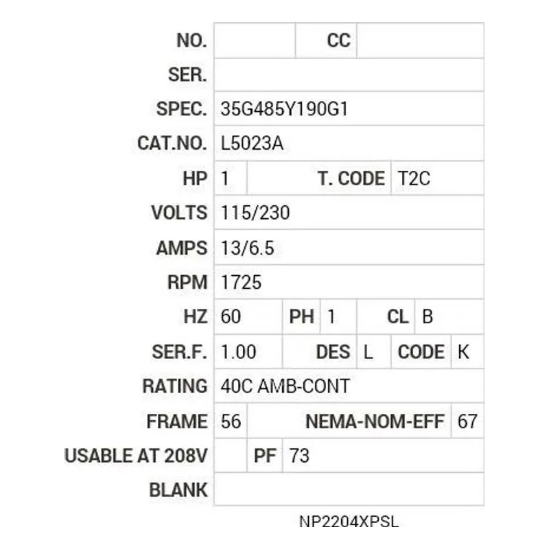 L5023A Baldor 1 HP, 1725 RPM, 1 PH, 60 HZ, 56, X3524L, XPFC, F1 Motor Nameplate - view 2