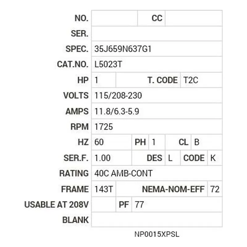 L5023T Baldor 1 HP, 1725 RPM, 1 PH, 60 HZ, 143T, 3528L, XPFC, F1 Motor Nameplate - view 2