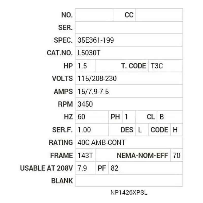 L5030T Baldor 1.5 HP, 3450 RPM, 1 PH, 60 HZ, 143T, X3528L, XPFC Motor Nameplate - view 2