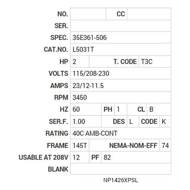 L5031T Baldor 2 HP, 3450 RPM, 1 PH, 60 HZ, 145T, X3535L, XPFC, F1 Motor Nameplate - view 2