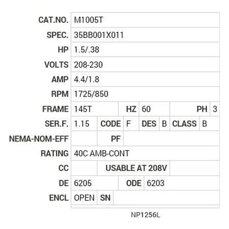 M1005T Baldor 1.5/.38 HP, 1725/850 RPM, 3 PH, 60 HZ, 145T, 3524 Motor Nameplate - view 2