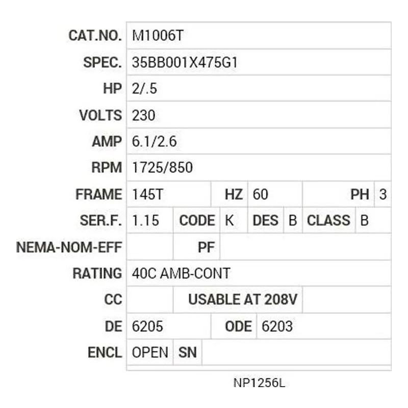 M1006T Baldor 2/.5 HP, 1725/850 RPM, 3 PH, 60 HZ, 145T, 3528M, O Motor Nameplate - view 2