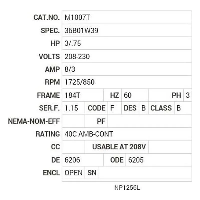 M1007T Baldor 3/.75 HP, 1725/850 RPM, 3 PH, 60 HZ, 184T, 3623M Motor Nameplate - view 2