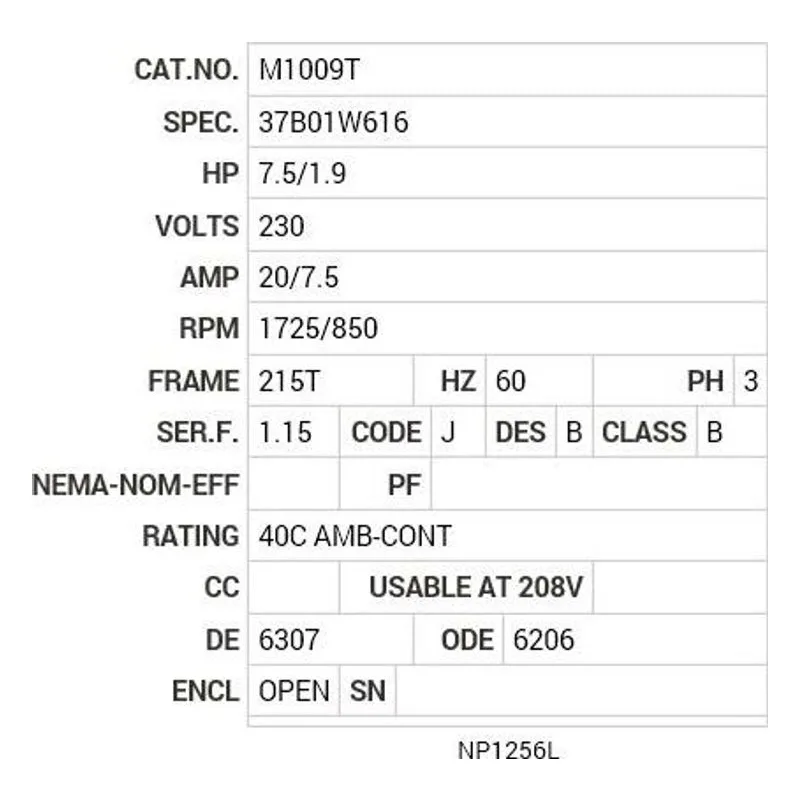 M1009T Baldor 7.5/1.9 HP, 1725/850 RPM, 3 PH, 60 HZ, 215T Motor Nameplate - view 2