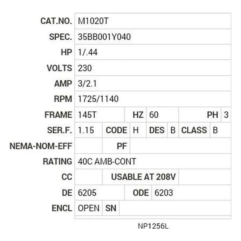 M1020T Baldor 1/.44 HP, 1725/1140 RPM, 3 PH, 60 HZ, 145T, 3528M Motor Nameplate - view 2