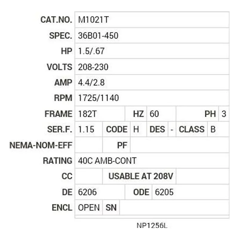 M1021T Baldor 1.5/.67 HP, 1725/1140 RPM, 3 PH, 60 HZ, 182T Motor Nameplate - view 2