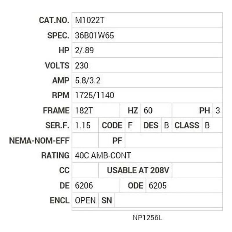 M1022T Baldor 2/.89 HP, 1725/1140 RPM, 3 PH, 60 HZ, 182T, 3628M Motor Nameplate - view 2