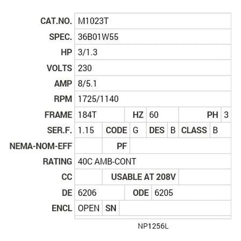 M1023T Baldor 3/1.3 HP, 1725/1140 RPM, 3 PH, 60 HZ, 184T, 3634M Motor Nameplate - view 2