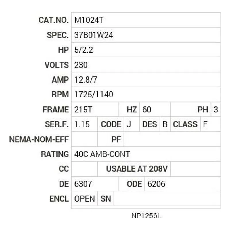 M1024T Baldor 5/2.2 HP, 1725/1140 RPM, 3 PH, 60 HZ, 215T, 3735M Motor Nameplate - view 2