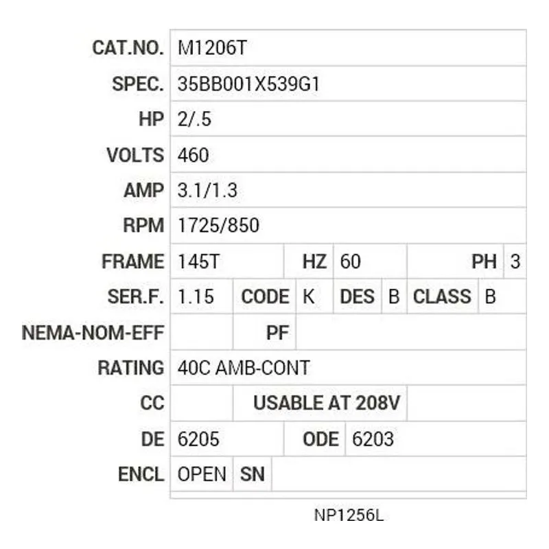 M1206T Baldor 2/.5 HP, 1725/850 RPM, 3 PH, 60 HZ, 145T, 3528M, O Motor Nameplate - view 2