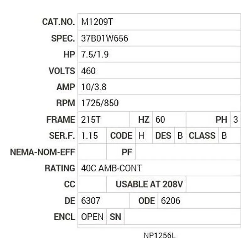 M1209T Baldor 7.5/1.9 HP, 1725/850 RPM, 3 PH, 60 HZ, 215T Motor Nameplate - view 2