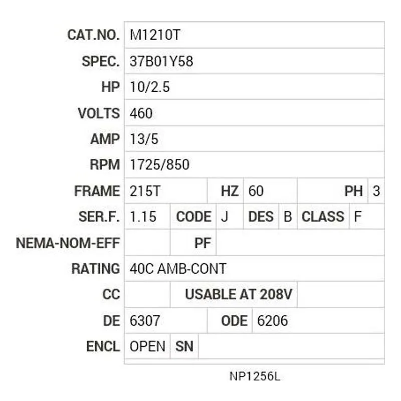 M1210T Baldor 10/2.5 HP, 1725/850 RPM, 3 PH, 60 HZ, 215T, 3744M Motor Nameplate - view 2