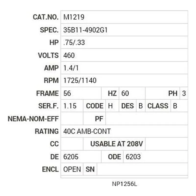 M1219 Baldor .75/.33 HP, 1725/1140 RPM, 3 PH, 60 HZ, 56, 3524M Motor Nameplate - view 2