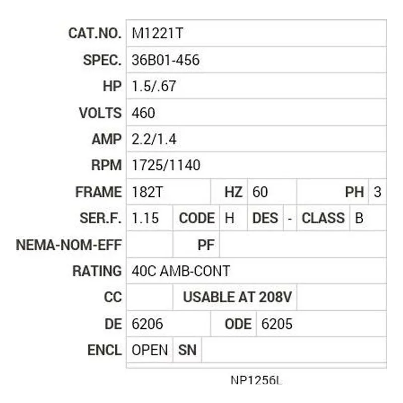 M1221T Baldor 1.5/.67 HP, 1725/1140 RPM, 3 PH, 60 HZ, 182T Motor Nameplate - view 2