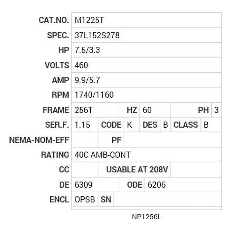 M1225T Baldor 7.5/3.3 HP, 1740/1160 RPM, 3 PH, 60 HZ, 256T, 374 Motor Nameplate - view 2