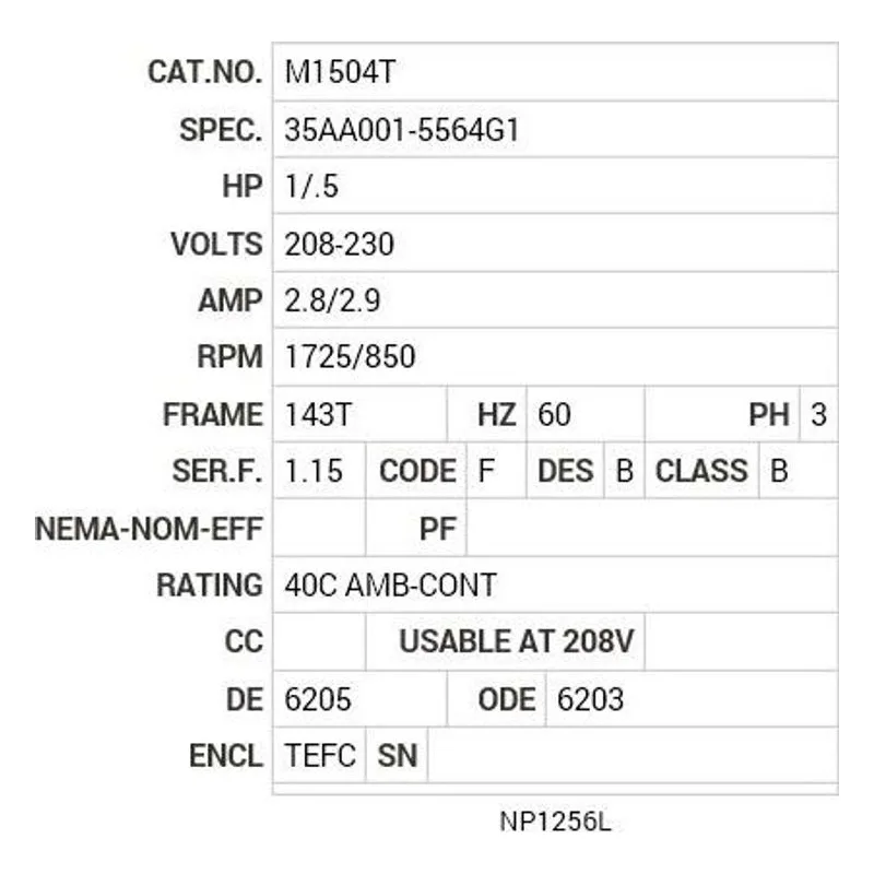 M1504T Baldor 1/.5 HP, 1725/850 RPM, 3 PH, 60 HZ, 143T, 3524M, T Motor Nameplate - view 2